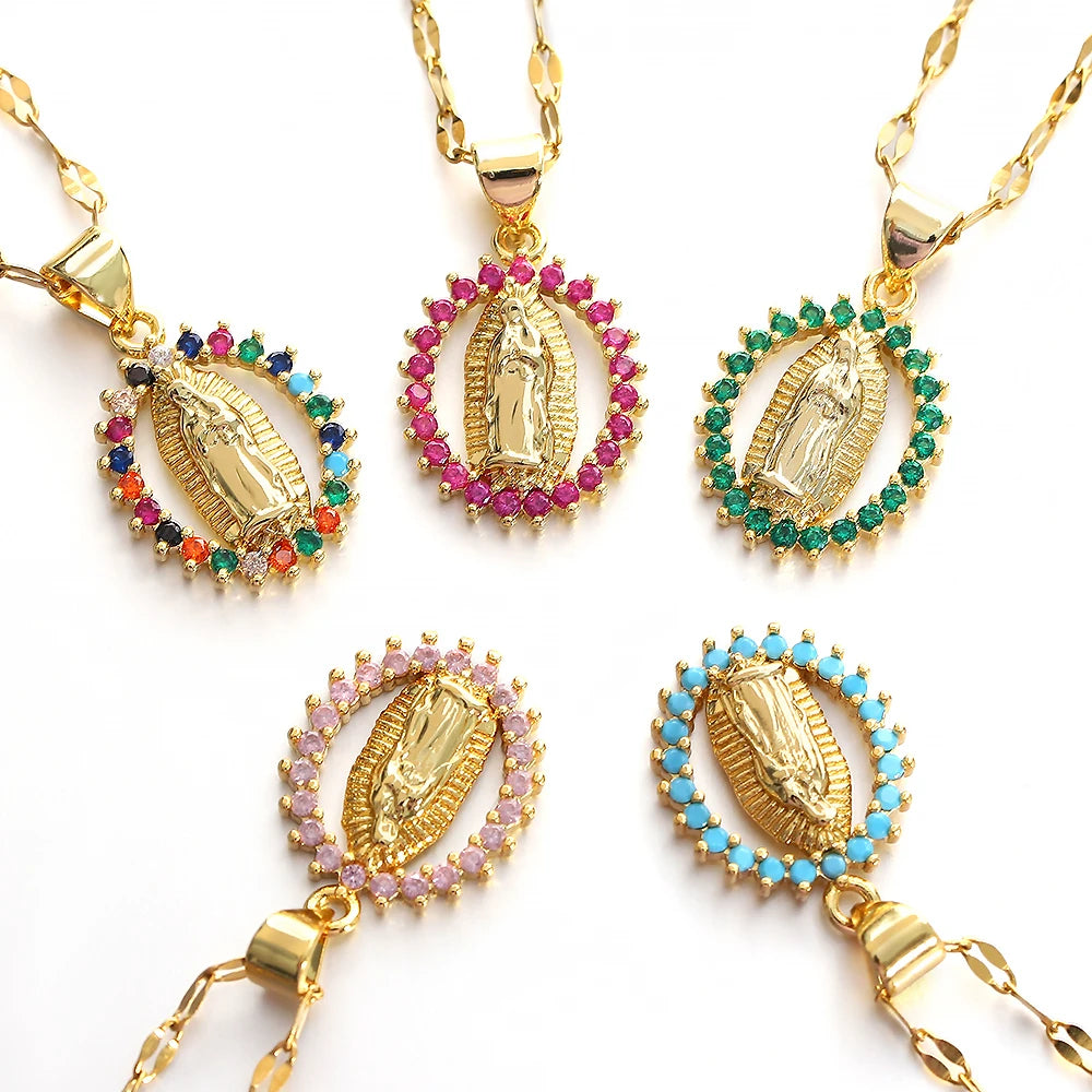 Religious Virgin Mary Medal Pendant Necklace Rainbow CZ Maria Miraculous Charms Pendant Jewelry Catholic Christian Chain Collar