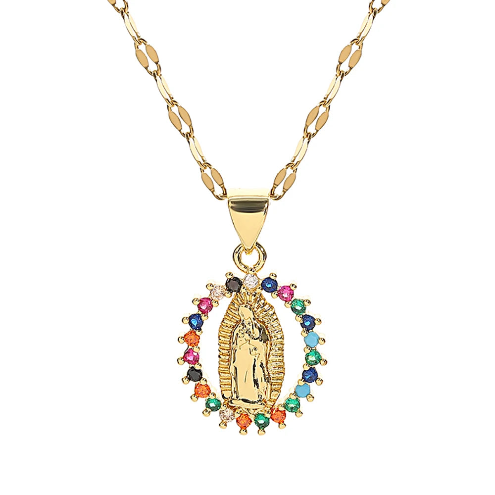 Religious Virgin Mary Medal Pendant Necklace Rainbow CZ Maria Miraculous Charms Pendant Jewelry Catholic Christian Chain Collar