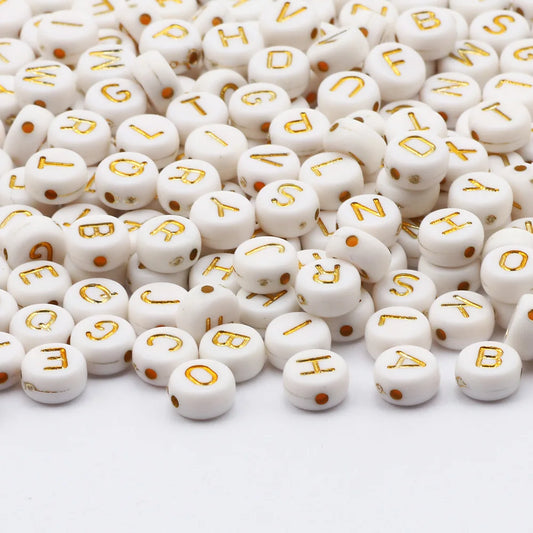 Golden English Letter Acrylic Beads 4x7mm White Round Alpahbet Loose Beads For Jewelry Making DIY Earrings Bracelets Accessories