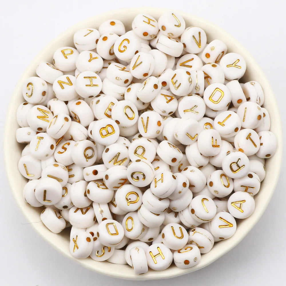 Golden English Letter Acrylic Beads 4x7mm White Round Alpahbet Loose Beads For Jewelry Making DIY Earrings Bracelets Accessories