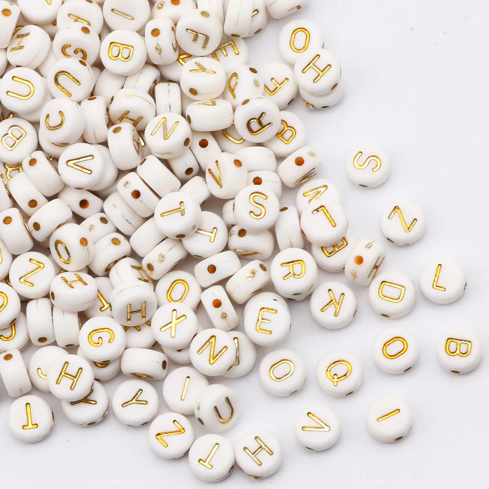 Golden English Letter Acrylic Beads 4x7mm White Round Alpahbet Loose Beads For Jewelry Making DIY Earrings Bracelets Accessories