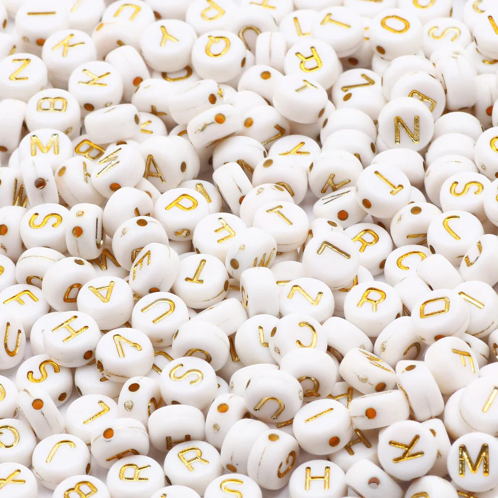 Golden English Letter Acrylic Beads 4x7mm White Round Alpahbet Loose Beads For Jewelry Making DIY Earrings Bracelets Accessories