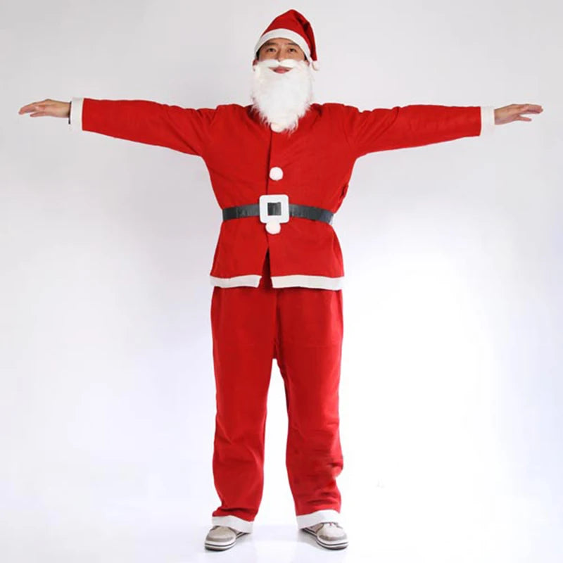 Wholesale/Retail Red Men Santa Claus Costumes Christmas Clothes Male Holloween Cosplay Xmas Suit With Top Belt Beard Hat Pants