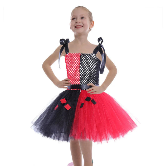 Harley Cosplay Costumes Tutu Dress Mixed Red Black Princess Dress Quinn Role Play Birthday Party Holloween Costume For Kids Sets