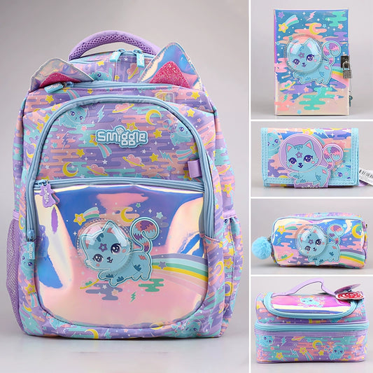 Australian Stationery Smiggle Blue Space Cat Student Lightweight Backpack Girl Travel Bag Lunch Bag Card Holder