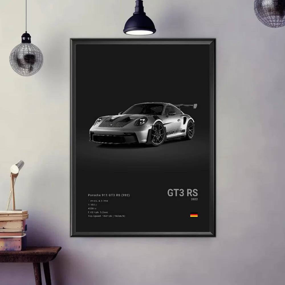 Fashion German Luxury Sports Car 911 GT3 RS Black and White Canvas Painting Pop Posters Prints Living Room Garage Decor Pictures