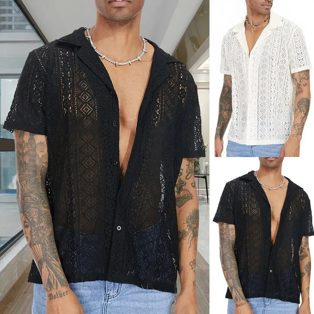 Stylish Men T-shirt Mid-length Solid Color Soft Breathable See-through Men Shirt  Men Shirt Daily Wear