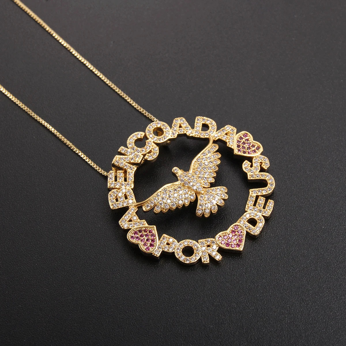 MHS.SUN Religious Holy Spirit Bird Pendant Necklace Round Hollow Mosaic AAA CZ Necklaces For Delicate Women/Men Party Gift