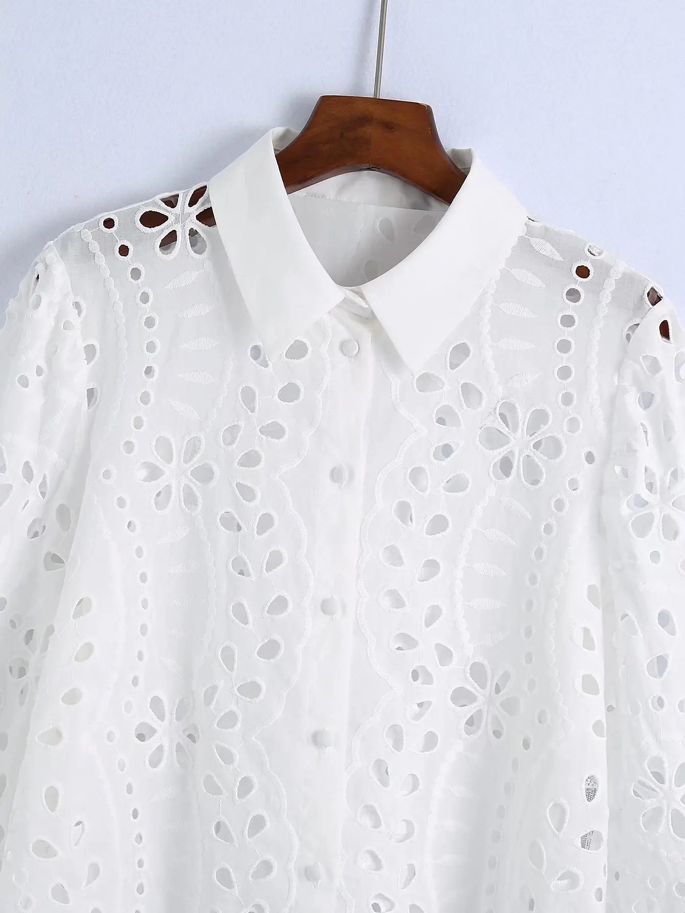 Cropped Shirt  White Lace Blouse Eyelet Cut Embroidery Top Wear  Hollow Out Women's Summer Clothing