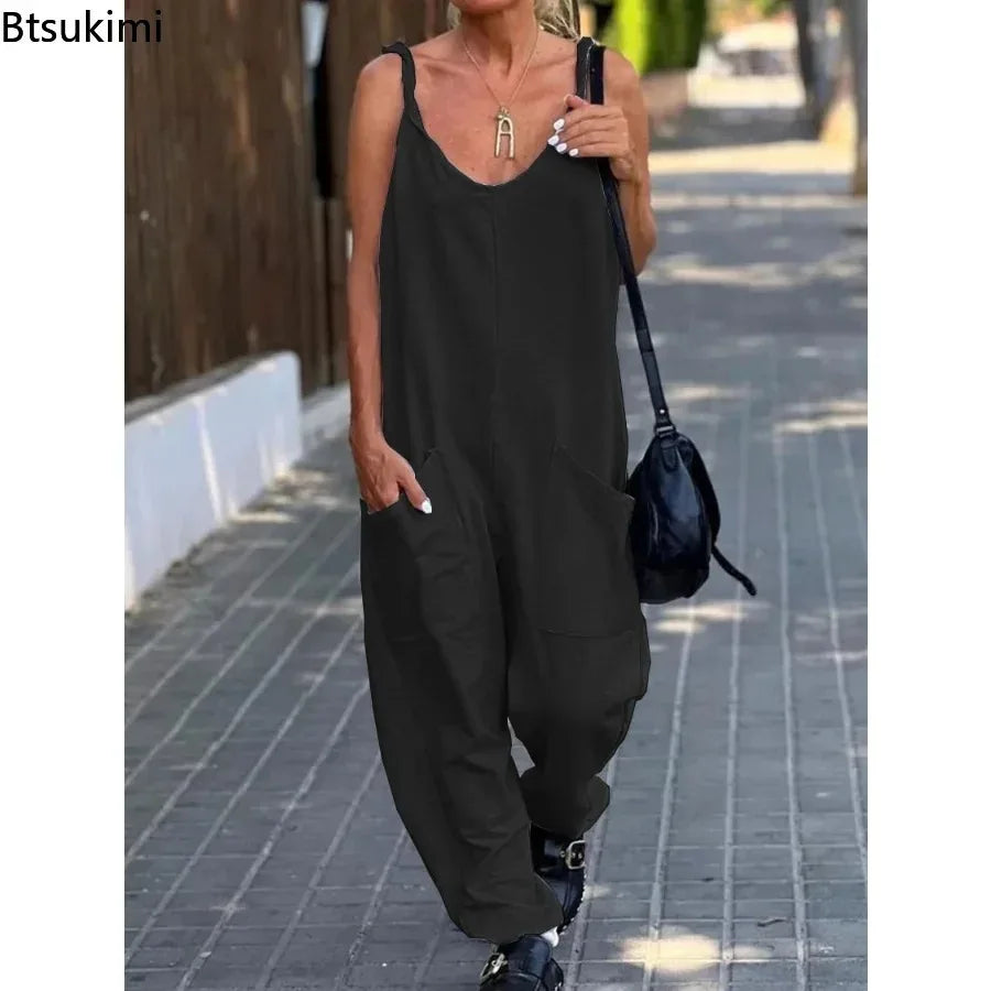 2024 Women's Plus Size Casual Wide Leg Jumpsuits Solid V Neck Low-cut Daily Wear Oversized Overalls Female Outfits Backless 5XL