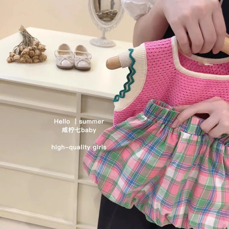 Girl's suit Korean summer simple pink knitted vest + plaid bud shorts two-piece set for outer wear in sports and leisure style