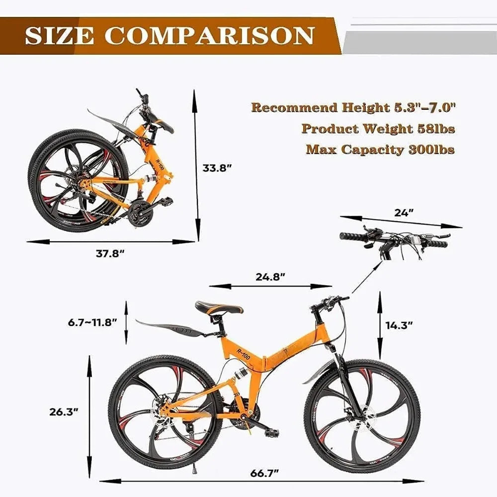 Mountain Bike, Full Suspension High-Carbon Steel MTB Foldable Bicycle, Dual Disc Brake Non-Slip Folding Bikes