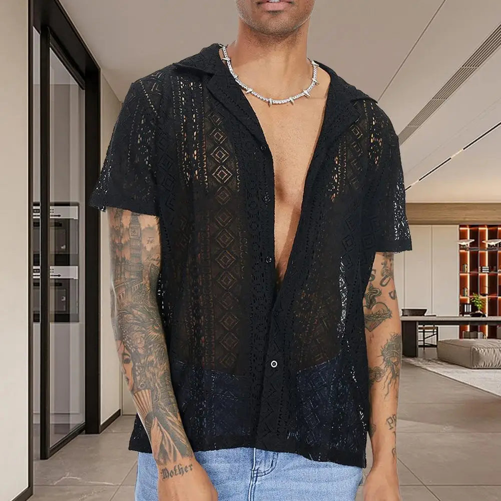 Stylish Men T-shirt Mid-length Solid Color Soft Breathable See-through Men Shirt  Men Shirt Daily Wear