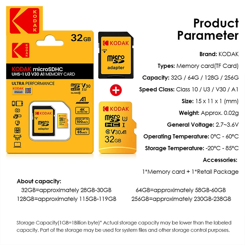 Original KODAK 256GB Memory Card 128GB U3 4K Micro SD Card 64GB 32GB A1 SDHC Microsd UHS-I C10 TF Trans Flash Microsd