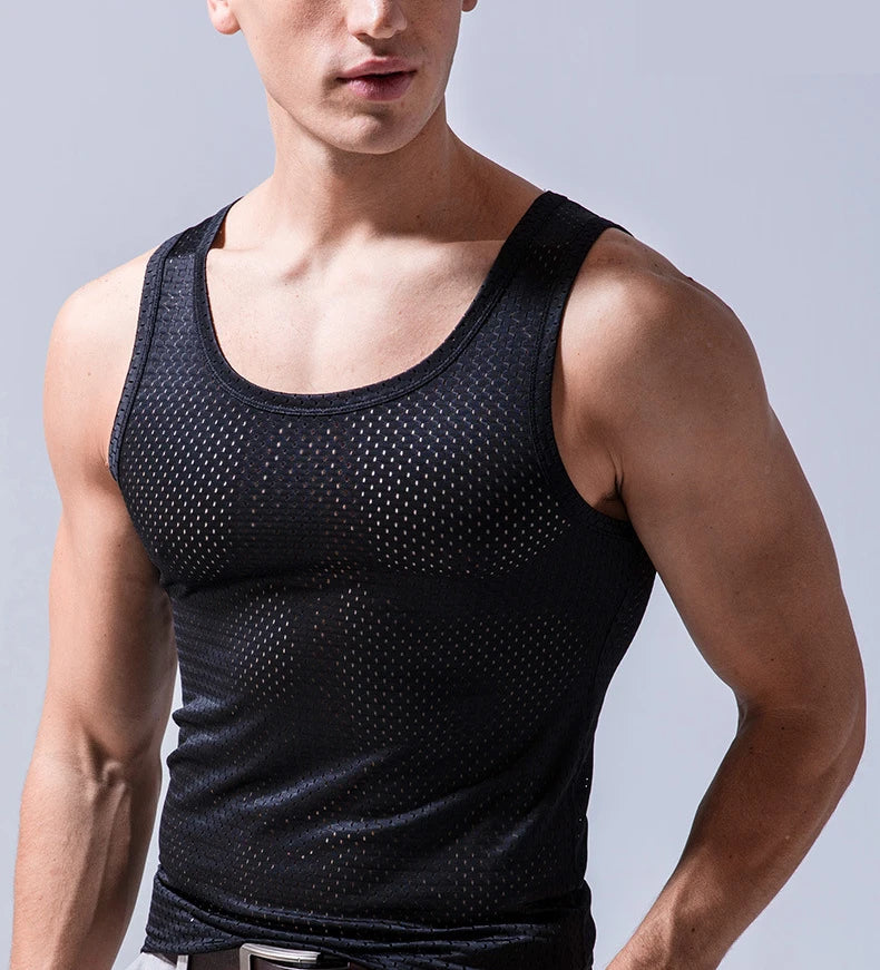 Summer Quick-Drying Thin Breathable Ice Silk Vest Men Tops Sport T Shirts Sleeveless Mesh Hole Tank Tops Gym Clothing Outer Wear