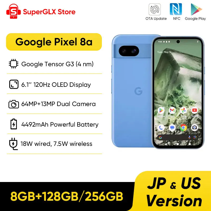 2024 New Google Pixel 8A with Google AI Mobile Phone 8GB RAM 128GB/256GB ROM 6.1" 64MP Advanced Camera NFC Android 14 Pixel 8a