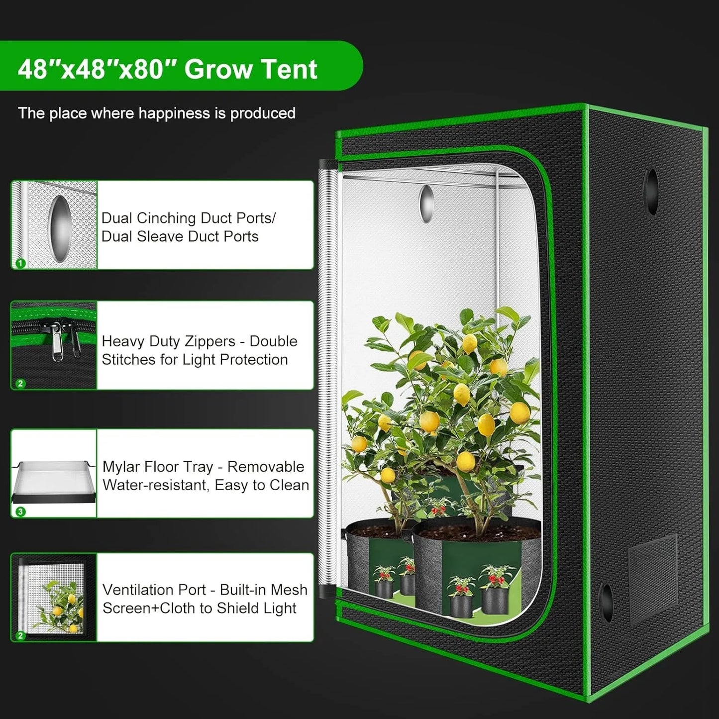 4x4 Grow Tent, 48"x48"x80'' High Reflective 600D Diamond Mylar Canvas with Observation Window & Floor Tray for Hydroponic Indoor