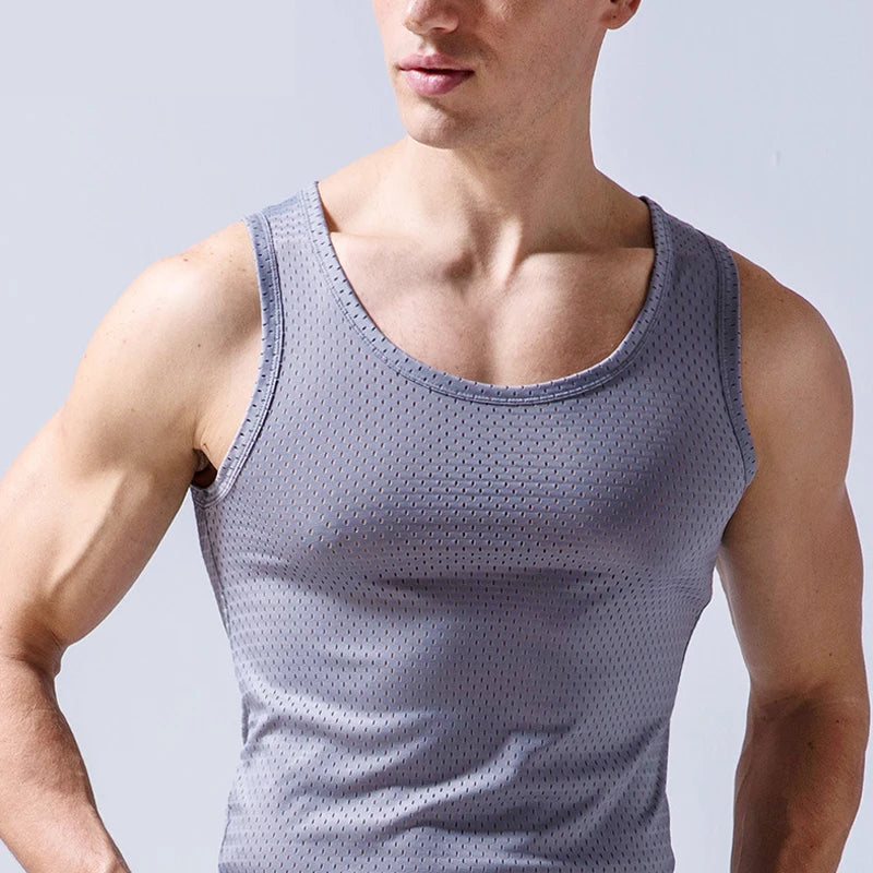 Summer Quick-Drying Thin Breathable Ice Silk Vest Men Tops Sport T Shirts Sleeveless Mesh Hole Tank Tops Gym Clothing Outer Wear