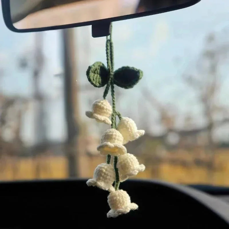 Car Interior Hanging Accessories Cute Car Accessories Bellflower Hand Knitted Car Pendant Rear View Mirror Accessories Hanging