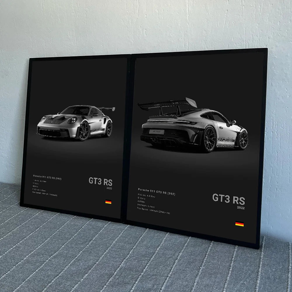 Fashion German Luxury Sports Car 911 GT3 RS Black and White Canvas Painting Pop Posters Prints Living Room Garage Decor Pictures