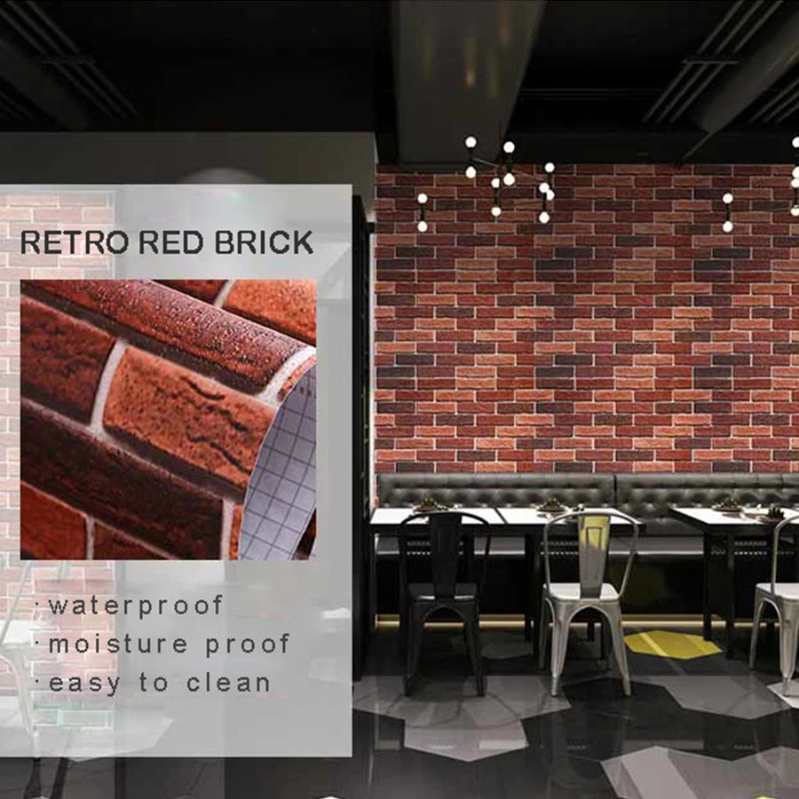 Retro Wallpaper Self-adhesive Waterproof Moisture-proof Red Brick Wall Sticker PVC Thick Dining Room Study Background Wall Paper