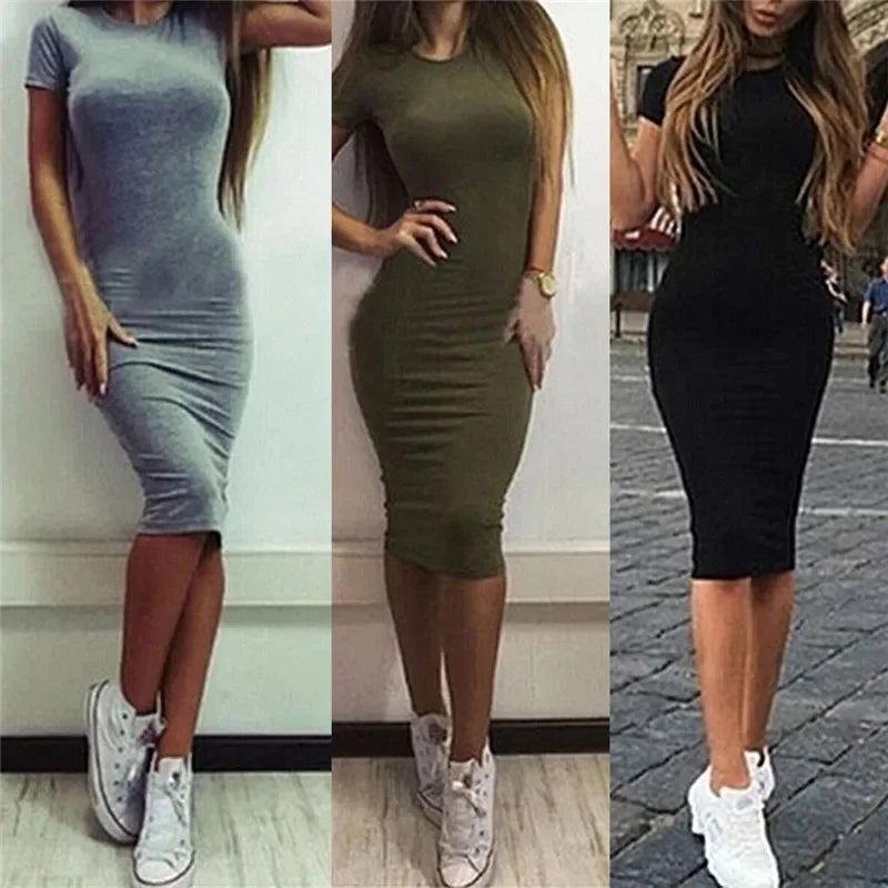 Summer Women Dresses Knee-Length Shinny Casual Short Sleeve Bandage Bodycon Sheath Dress Vestidos QT031