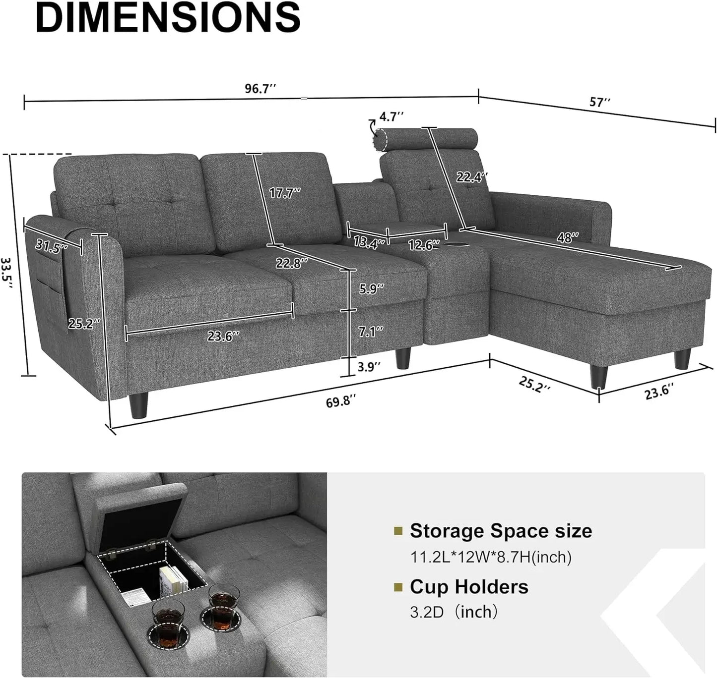 Convertible Sectional Couch L Shaped Sofa with Cup Holders, Modern Sectional Sofa 4-Seat Sofa with Reversible Chaise, Gray