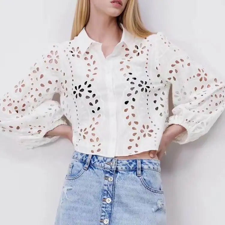 Cropped Shirt  White Lace Blouse Eyelet Cut Embroidery Top Wear  Hollow Out Women's Summer Clothing