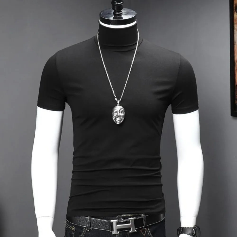 Harajuku Korean Style Men's High Neck Short Sleeve T-Shirt Casual Luxury Golf Wear Summer Tees Fashionable Black Undershirt Man