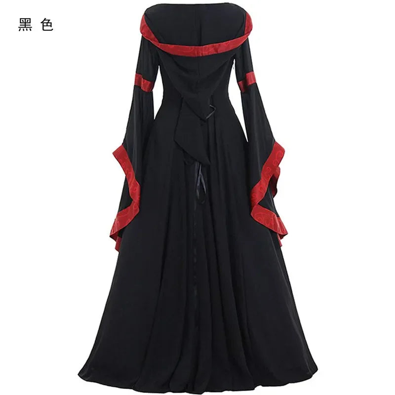 Medieval Women Dress Holloween Cosplay Costume Large Size Retro Victoria Hooded Dress Square Collar Trumpet Sleeves Maxi Dress