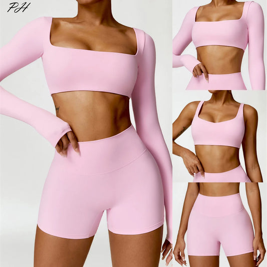 Nude Yoga Clothing Sets Women Long Sleeve Crop Tops Tight Shorts Suit Quick Dry Tracksuit Fitness Workout Outfits Gym Wear New