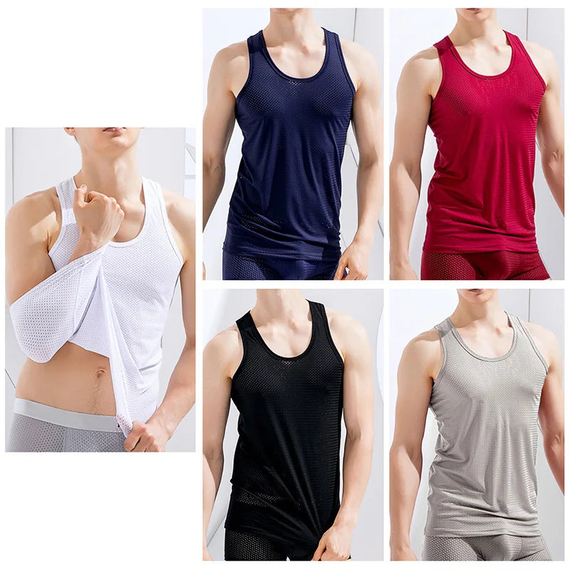 Summer Quick-Drying Thin Breathable Ice Silk Vest Men Tops Sport T Shirts Sleeveless Mesh Hole Tank Tops Gym Clothing Outer Wear