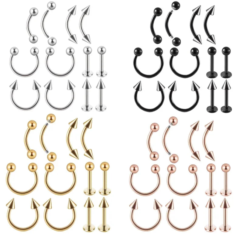 5/12PC Surgical Steel Body Piercing Jewelry Lot Bulk Nose Ring Tongue Bar Lot Eyebrow Labret Piercing Horseshoe Ring Lot Pack