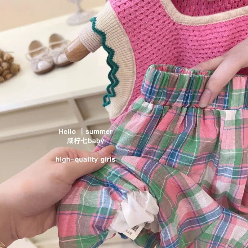 Girl's suit Korean summer simple pink knitted vest + plaid bud shorts two-piece set for outer wear in sports and leisure style