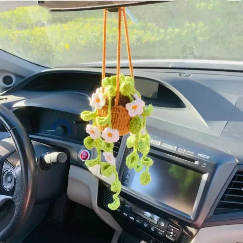 NEW Cute Potted Plants Crochet Car Basket,Hanging Plant Crochet for Car Decor,Car Ornament Rear View Mirror Hanging Accessories