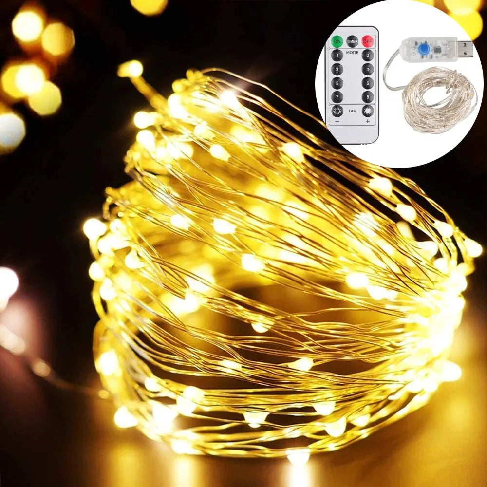 LED Christmas Garland 20M Copper Wire Twinkle Fairy String Lights USB Battery Operated Waterproof For Home Party Wedding Decor