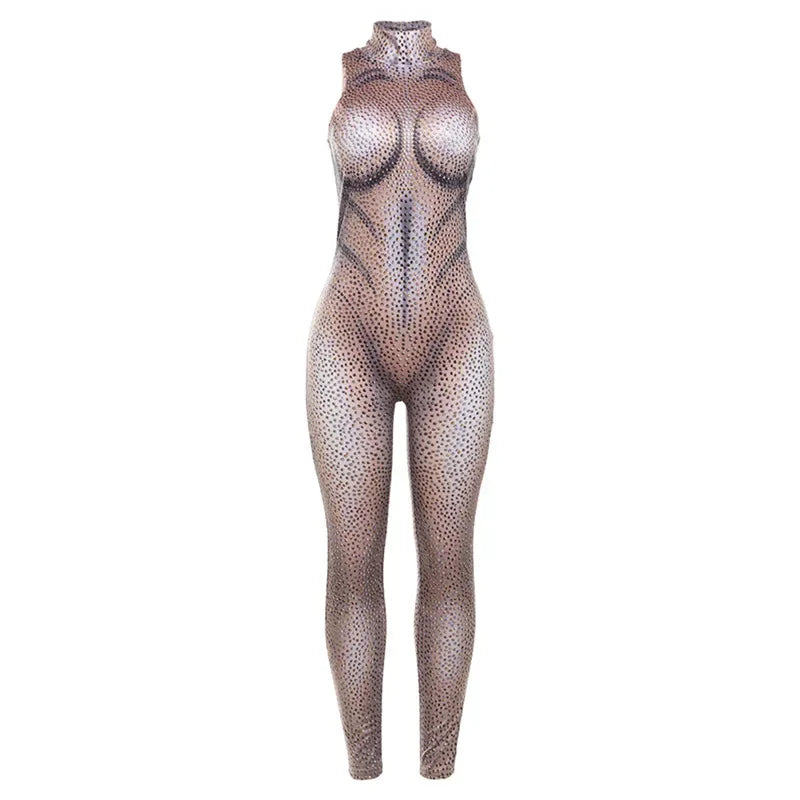 Sexy Lady 3D Women Body Shiny Rhinestones Printed Jumpsuits Skinny Rompers Sleeveless Bodycon Jumpsuits Party Wear Outfits New