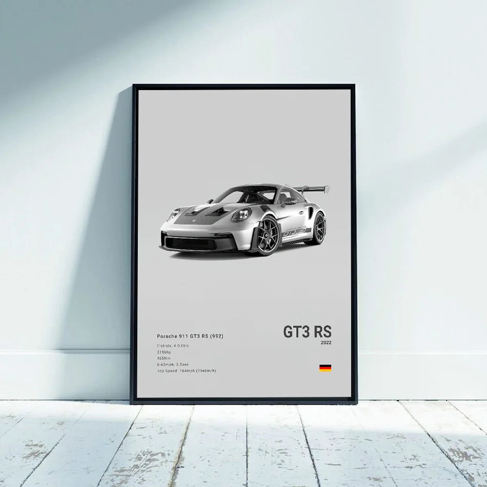 Fashion German Luxury Sports Car 911 GT3 RS Black and White Canvas Painting Pop Posters Prints Living Room Garage Decor Pictures