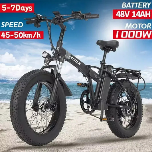 Ridstar G20 Folding Electric Bicycle 1000W 48v 14AH Fat Tire Ebike Mountain 20 Inch Electric Bikes Beach Cycling With Back Seat