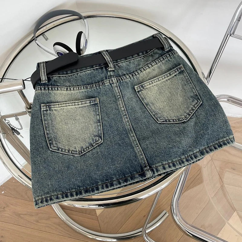 Gidyq Retro Women Denim Skirts American Casual Mini Skirt Street wear High Waist Female A Line Jeans Skirts Spring New