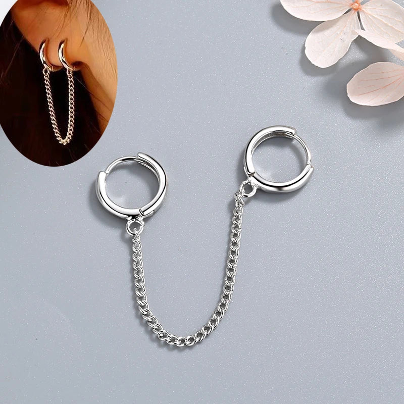 Women's New Fashion Double Ear Hole Piercing Hoop Earrings Smooth Simple Hoops Chain Connected Shiny Charming Earring Jewelry