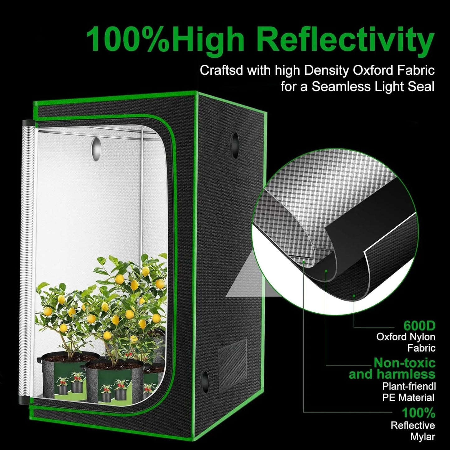 4x4 Grow Tent, 48"x48"x80'' High Reflective 600D Diamond Mylar Canvas with Observation Window & Floor Tray for Hydroponic Indoor