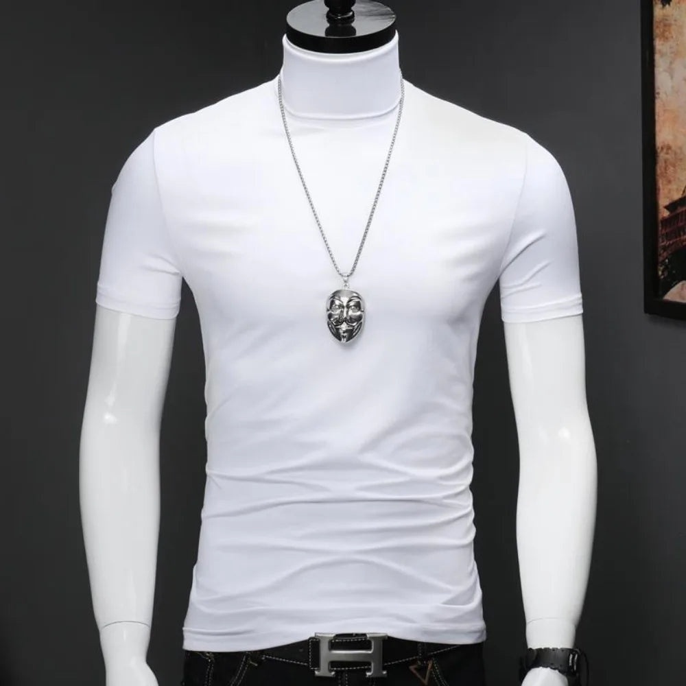 Harajuku Korean Style Men's High Neck Short Sleeve T-Shirt Casual Luxury Golf Wear Summer Tees Fashionable Black Undershirt Man