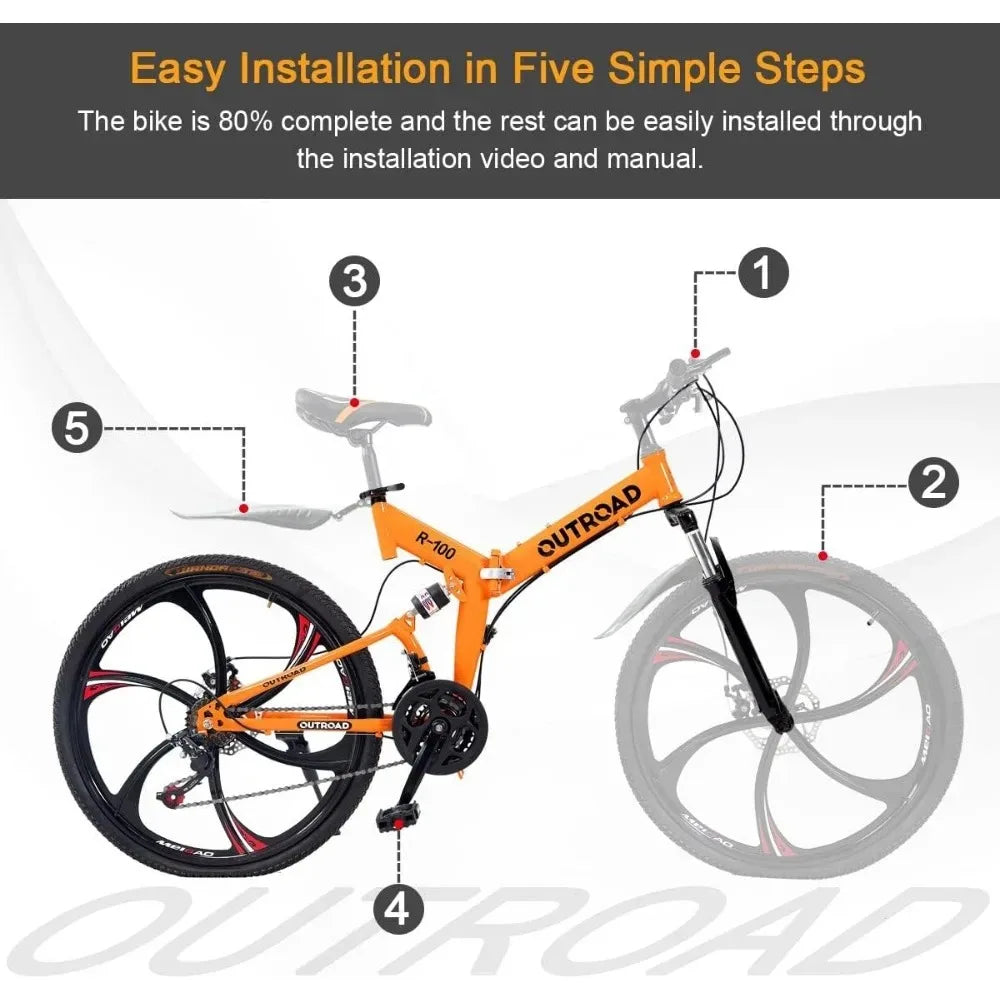 Mountain Bike, Full Suspension High-Carbon Steel MTB Foldable Bicycle, Dual Disc Brake Non-Slip Folding Bikes