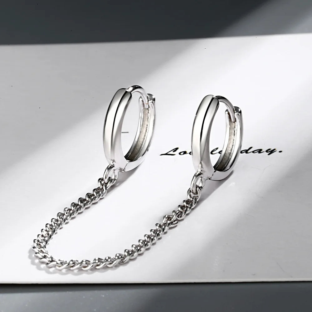 Women's New Fashion Double Ear Hole Piercing Hoop Earrings Smooth Simple Hoops Chain Connected Shiny Charming Earring Jewelry