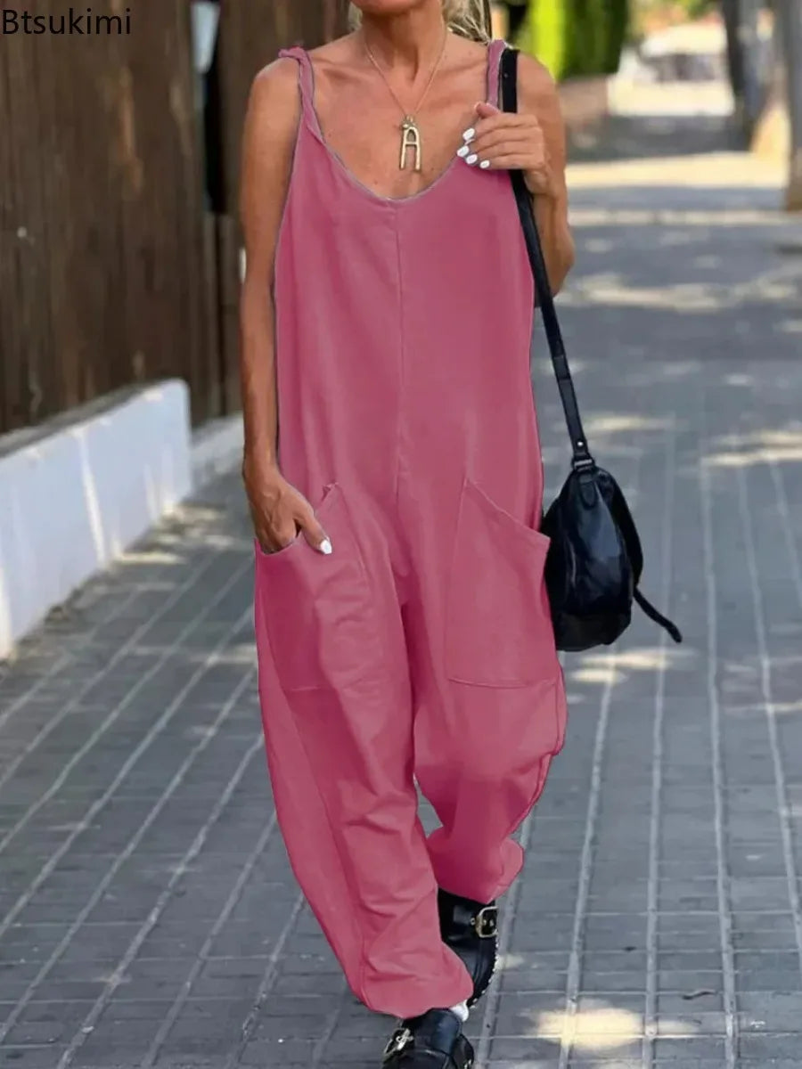 2024 Women's Plus Size Casual Wide Leg Jumpsuits Solid V Neck Low-cut Daily Wear Oversized Overalls Female Outfits Backless 5XL