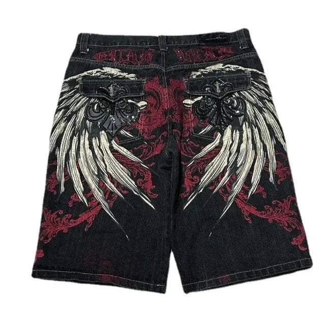 Y2K Baggy Shorts Mens New Wing Embroidered Denim Shorts Vintage Harajuku Hip Hop Gothic Punk Gothic Wide Leg Pants Street Wear