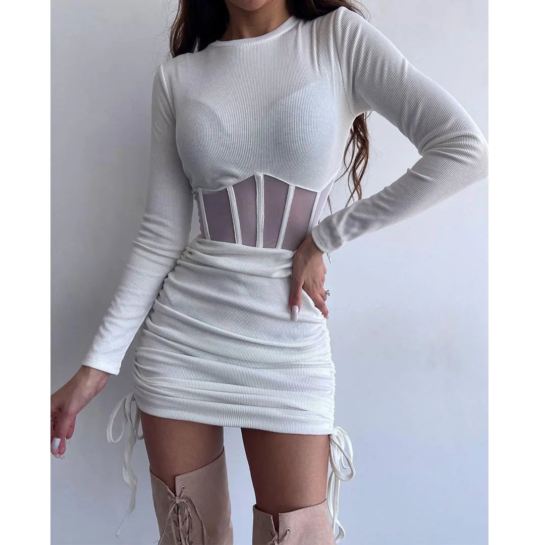 Shirring Mesh Hollow Out Bodycon Dress Women O Neck Long Sleeve Mini Vestidos Ribbed Hot Sexy Dresses Fashion High Street Wear