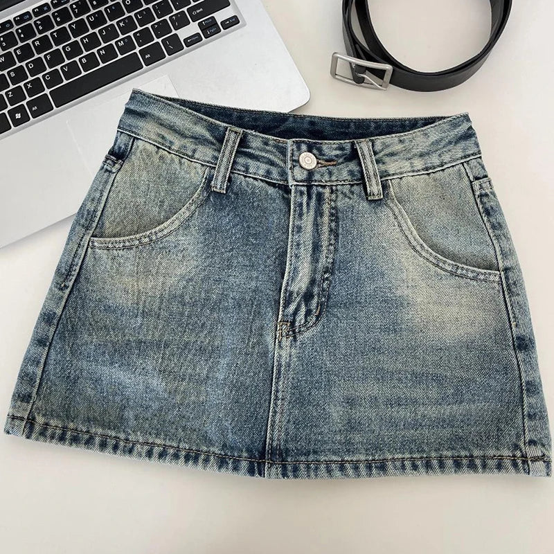 Gidyq Retro Women Denim Skirts American Casual Mini Skirt Street wear High Waist Female A Line Jeans Skirts Spring New