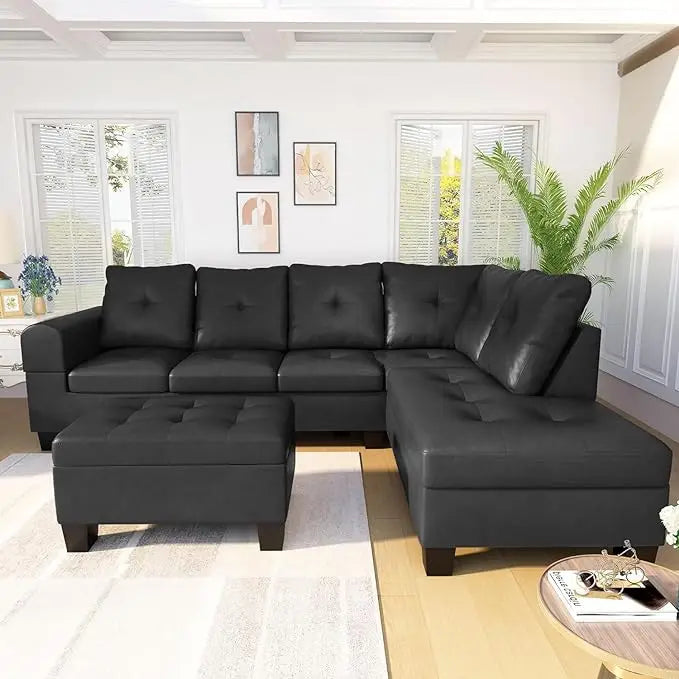 Faux Leather/Linen Fabric Sectional Sofa Couch, Modern L-Shaped Modular Couch Upholstered 3/6 Seaters Living Room Sofa Couch